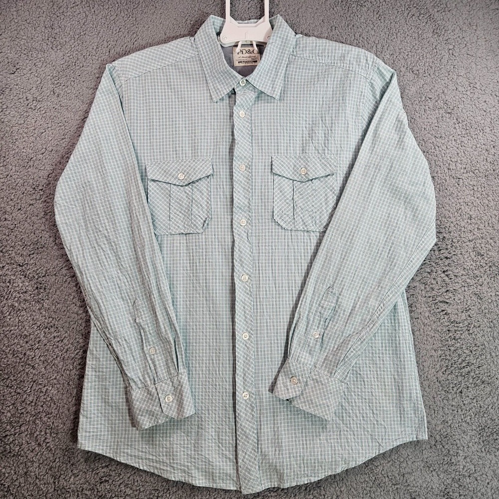PD&C Shirt Mens Large Long Sleeve Button Down Pockets Green White Plaid Casual L